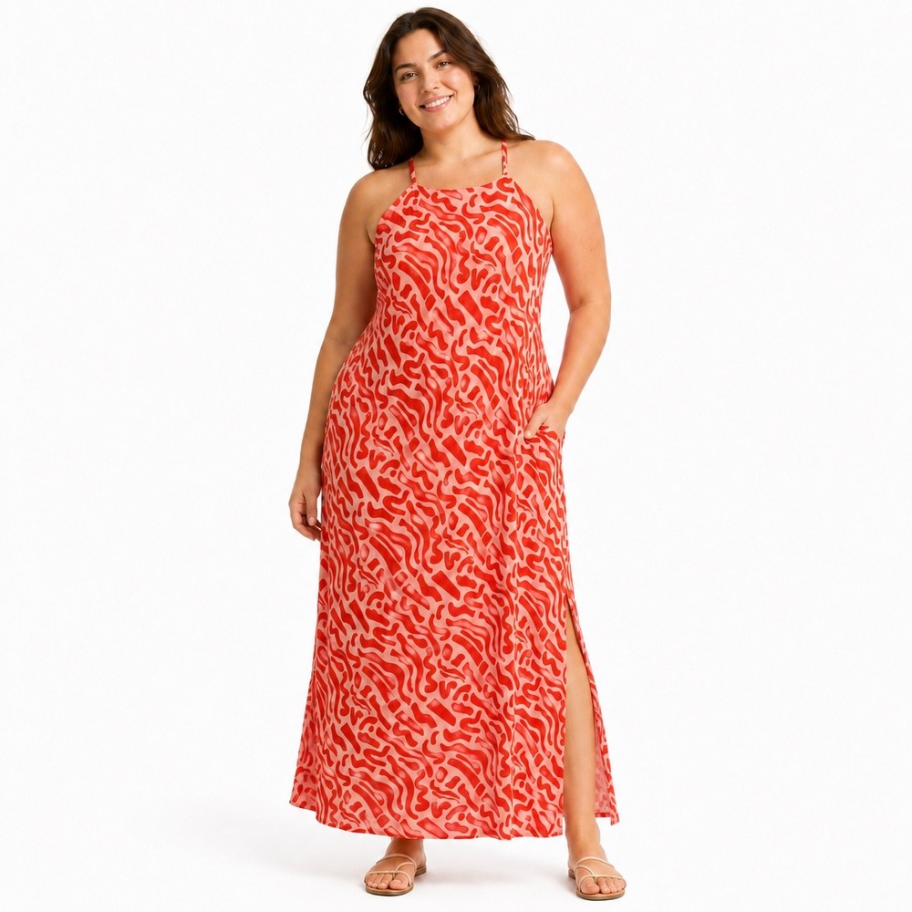 Band of the Free Maxi Dress Womens XL Orange Abstract Halter Side Slit Boho